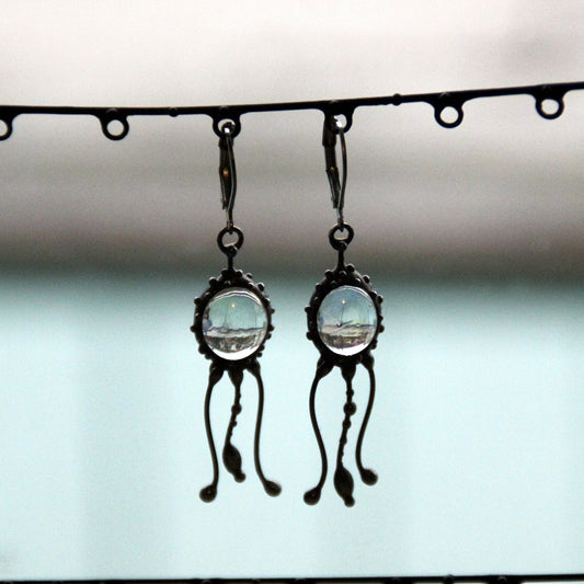 Three-Tentacle Clear Glass Jellyfish Earrings – Silver Tone