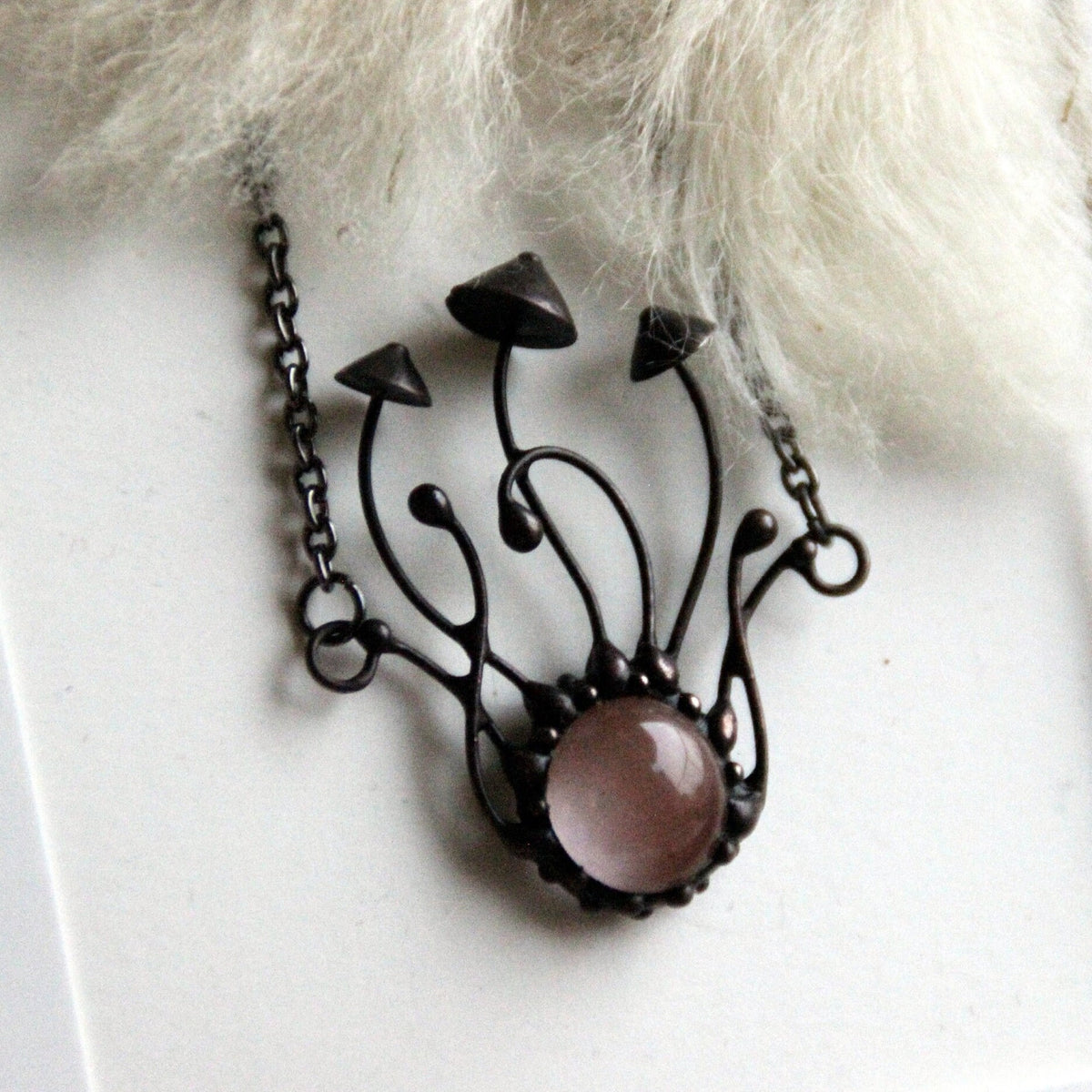 Watermelon Quartz Mushroom Necklace – Blackened Copper