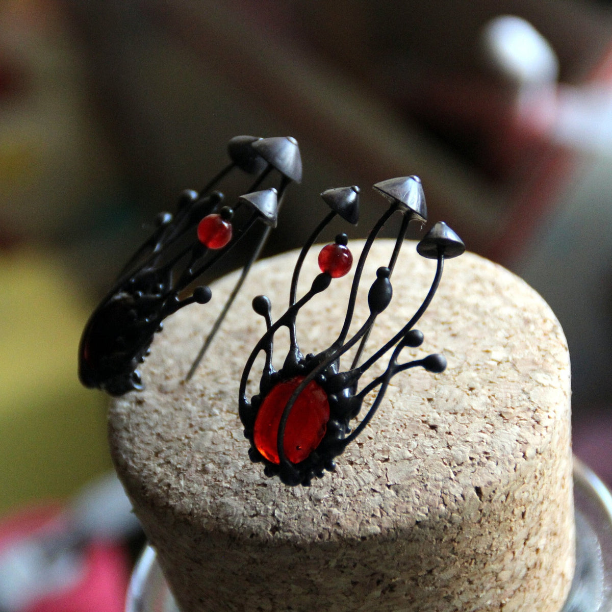 Red Stained Glass Mushroom Brooch – Blackened Copper