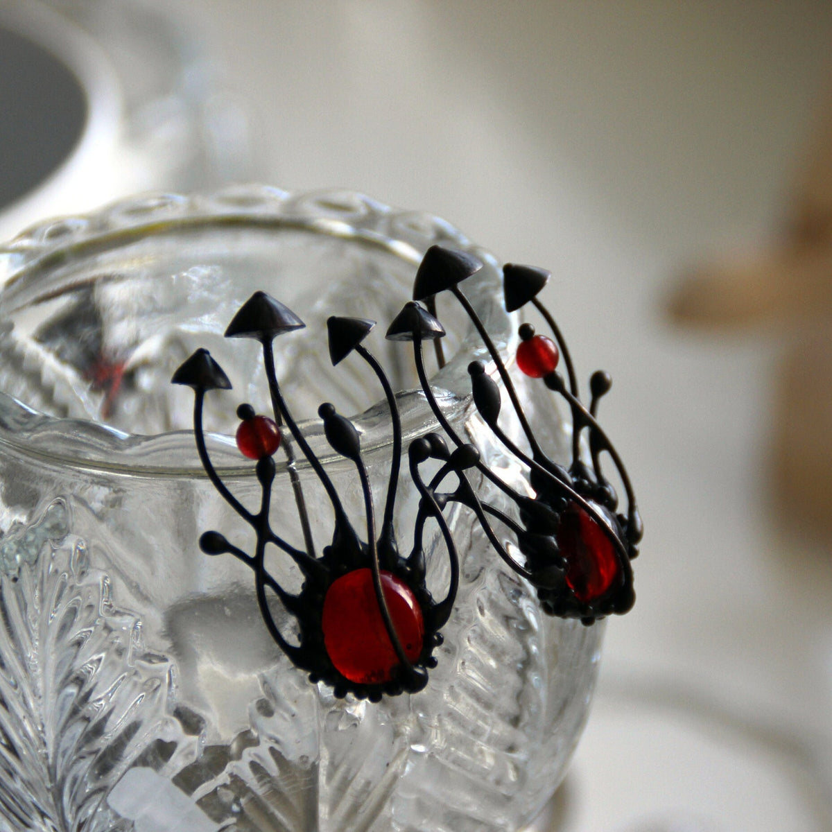 Red Stained Glass Mushroom Brooch – Blackened Copper