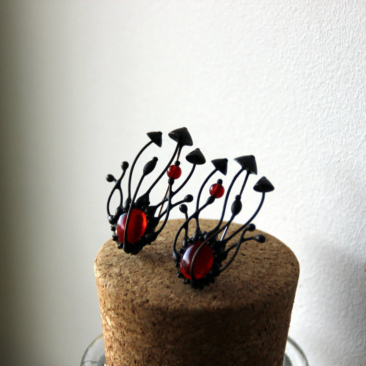 Red Stained Glass Mushroom Brooch – Blackened Copper
