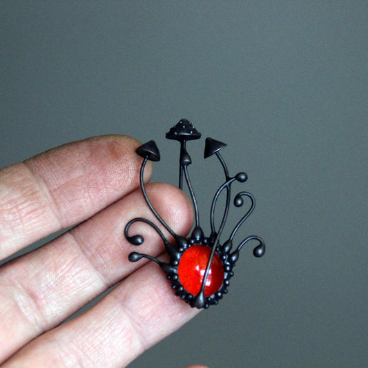 Red Stained Glass Mushroom Trio Brooch – Blackened Copper