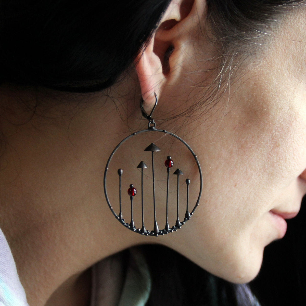 Red Glass Mushroom Hoop Earrings – Blackened Copper & Pewter Forest