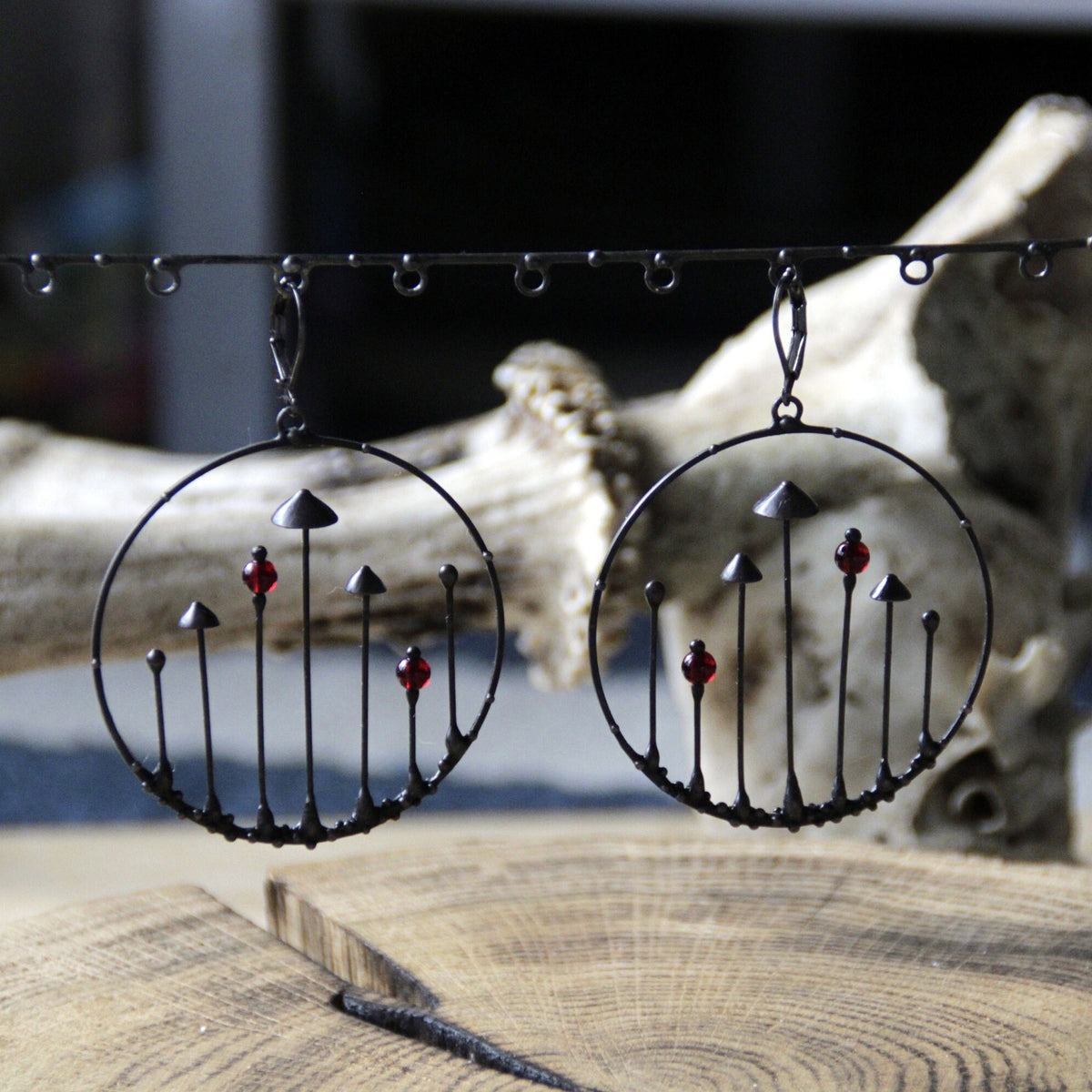 Red Glass Mushroom Hoop Earrings – Blackened Copper & Pewter Forest