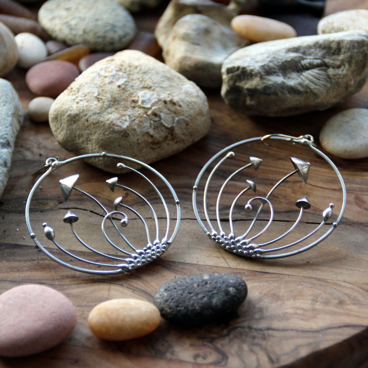 Silver Tone Mushroom Hoop Earrings