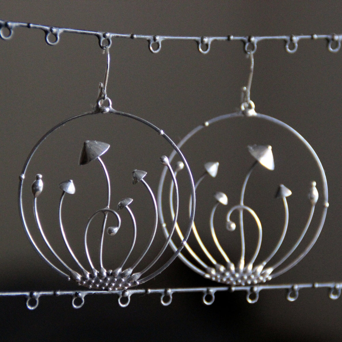 Silver Tone Mushroom Hoop Earrings