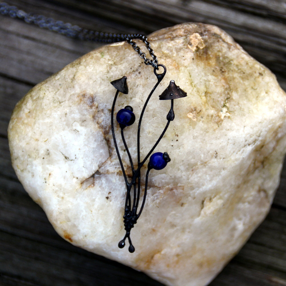 Blue Ceramic Mushroom Necklace – Blackened Copper Forest Pendant – Botanical