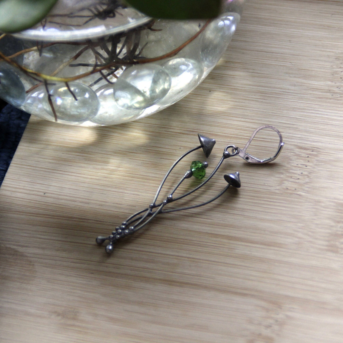 Green Glass Mushroom Single Earring – Silver Tone