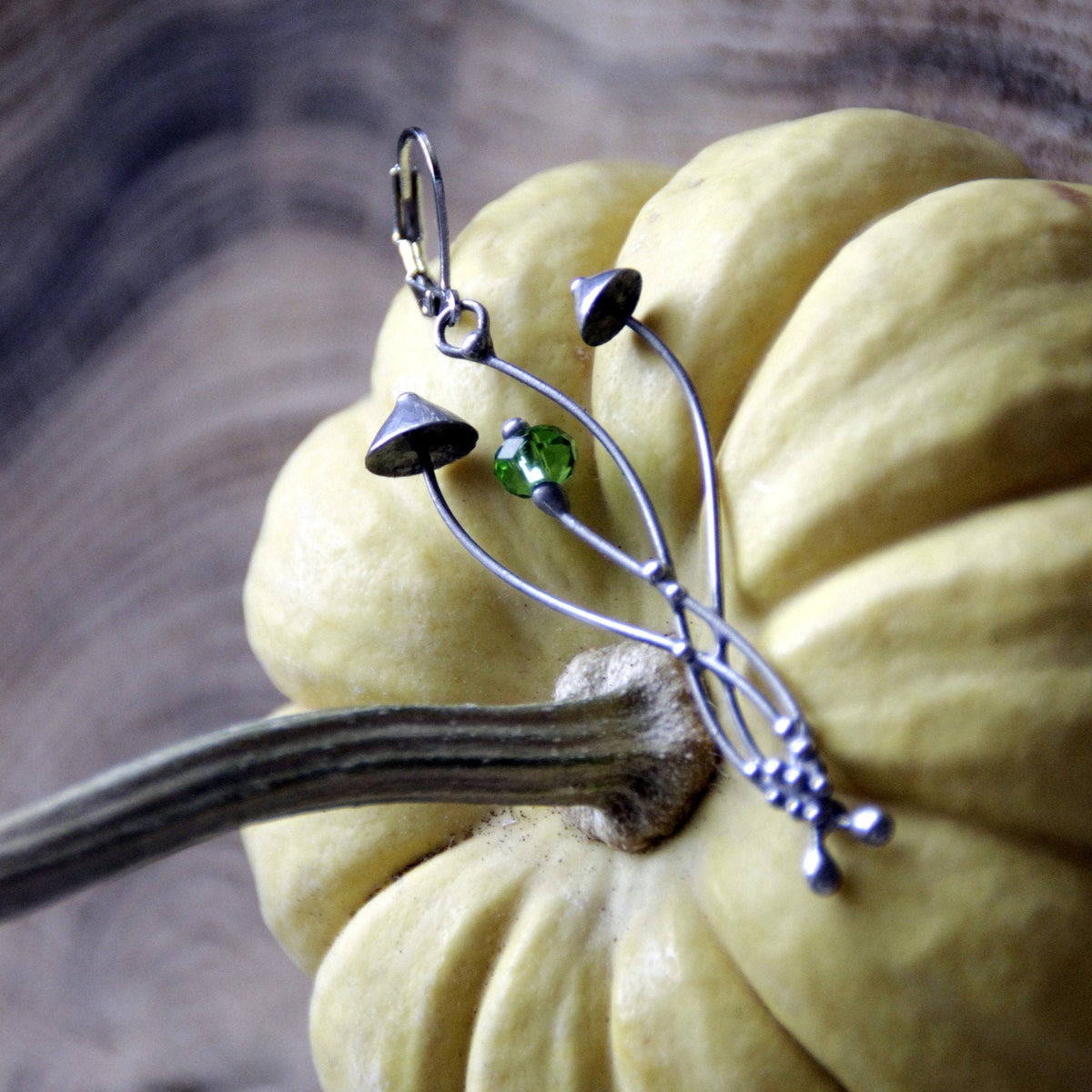 Green Glass Mushroom Single Earring – Silver Tone