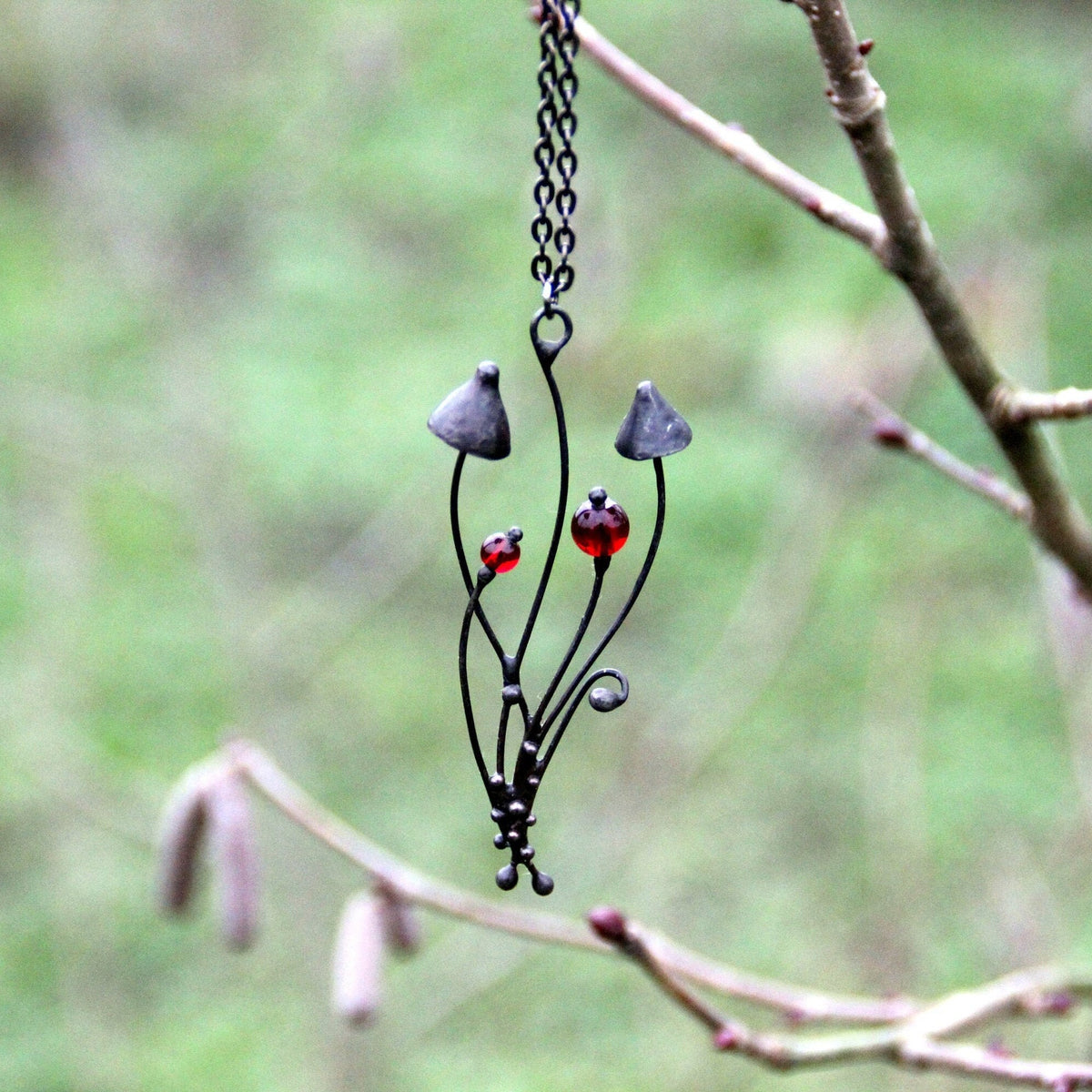 Red Glass Mushroom Necklace – Blackened Copper Forest Pendant – Psychedelic Botanical