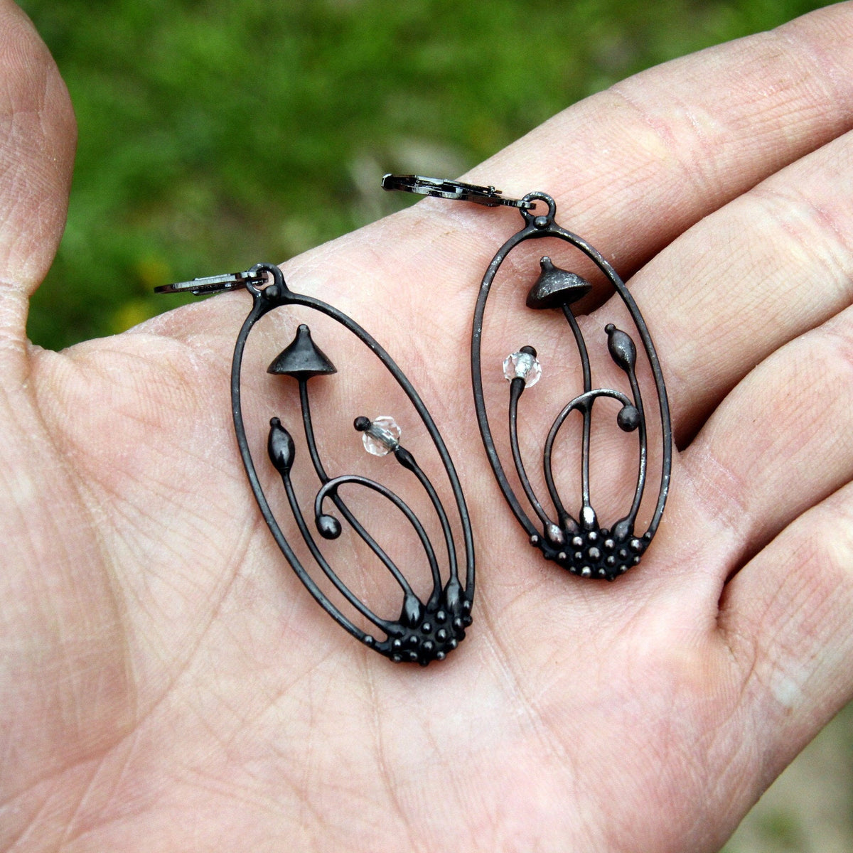 Clear Glass Mushroom Earrings – Blackened Copper Oval Forest Dangles – Botanical
