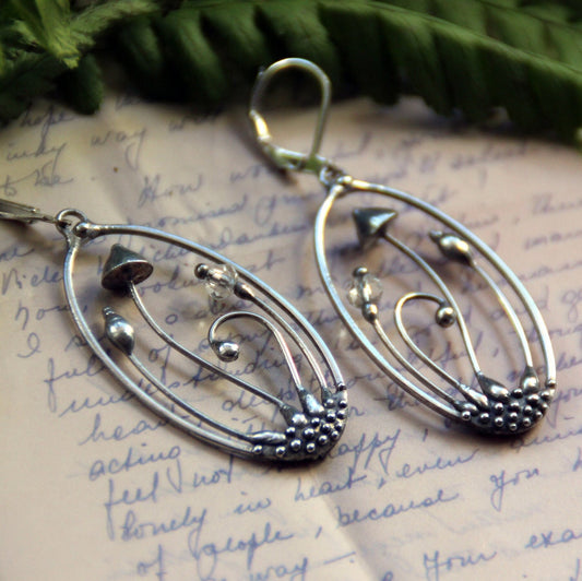 Silver Tone Mushroom Earrings – Botanical Forest Dangles – Clear Glass Bead Accents