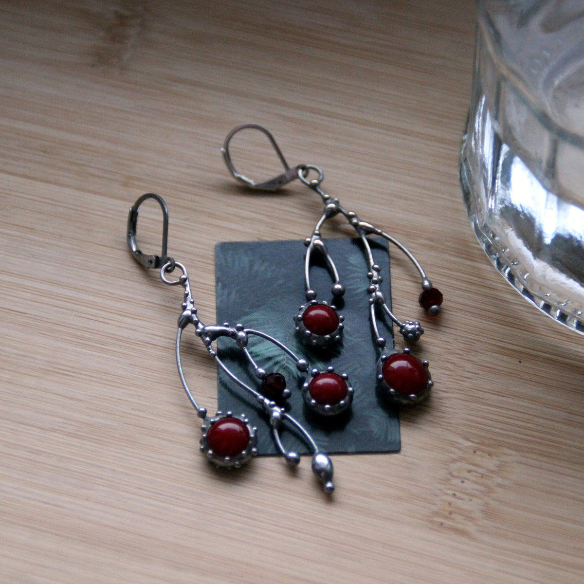 Red Glass Branch Earrings – Silver Tone