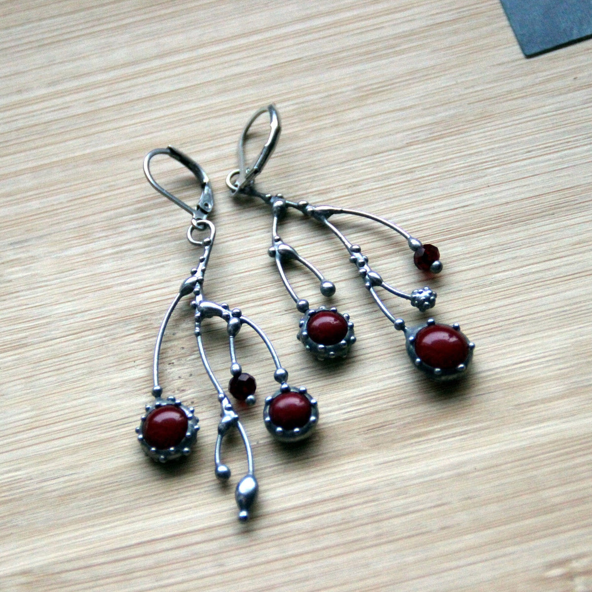 Red Glass Branch Earrings – Silver Tone