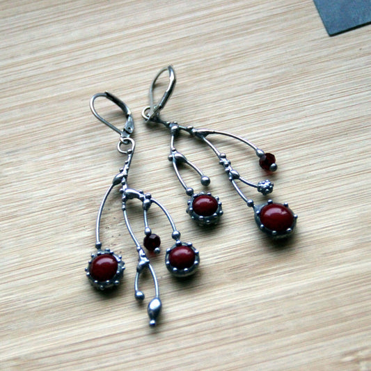 Red Glass Branch Earrings – Silver Tone