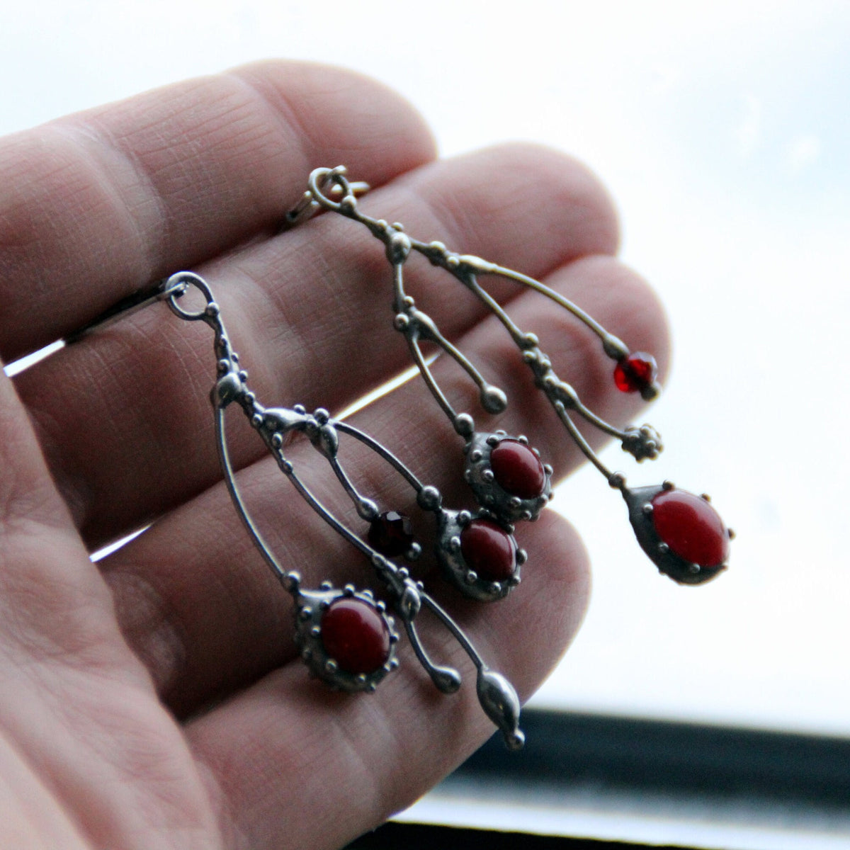 Red Glass Branch Earrings – Silver Tone