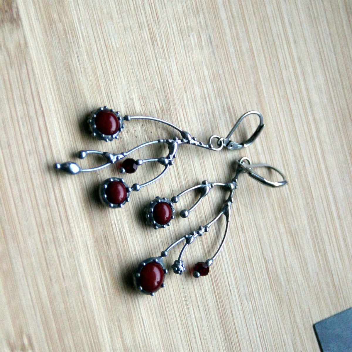 Red Glass Branch Earrings – Silver Tone
