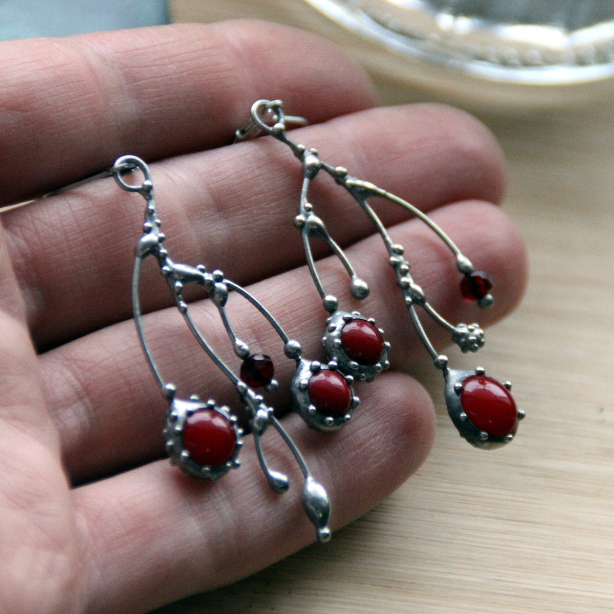 Red Glass Branch Earrings – Silver Tone