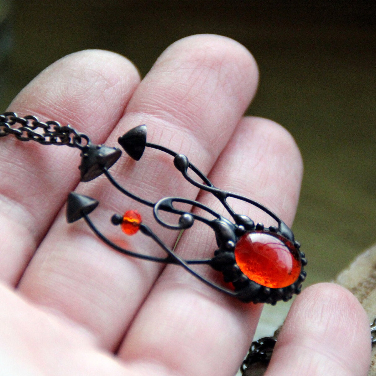 Orange Glass Mushroom Cluster Necklace – Blackened Copper