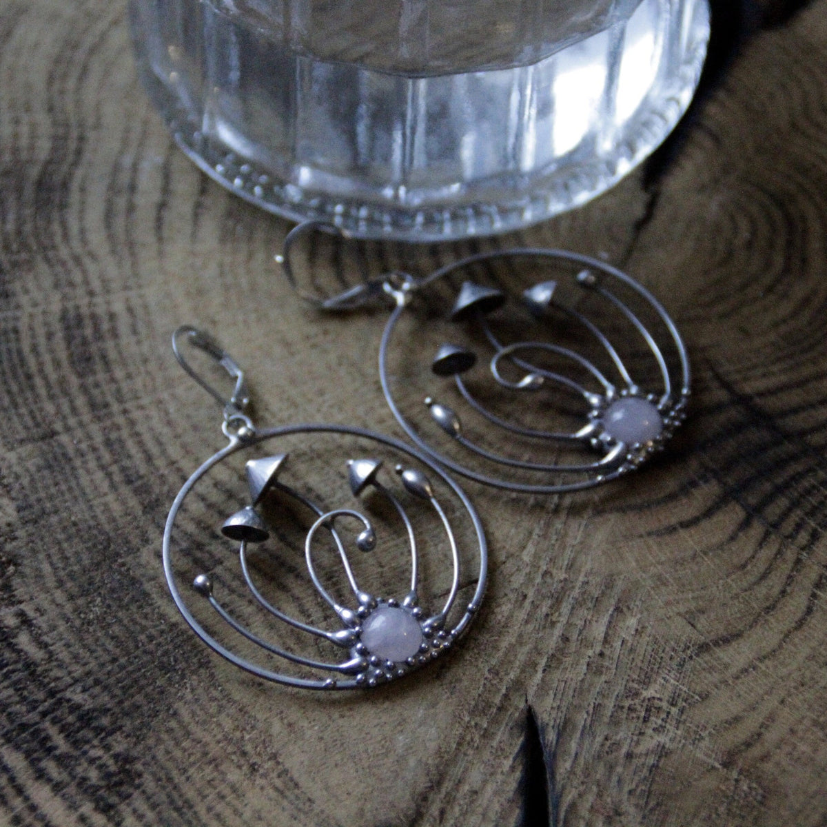 Pink Quartz Mushroom Hoop Earrings – Silver Tone