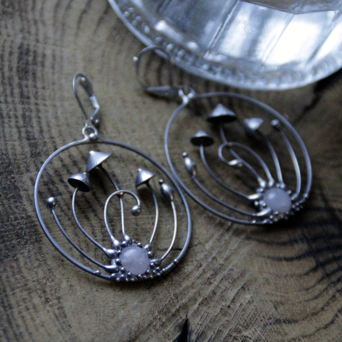 Pink Quartz Mushroom Hoop Earrings – Silver Tone