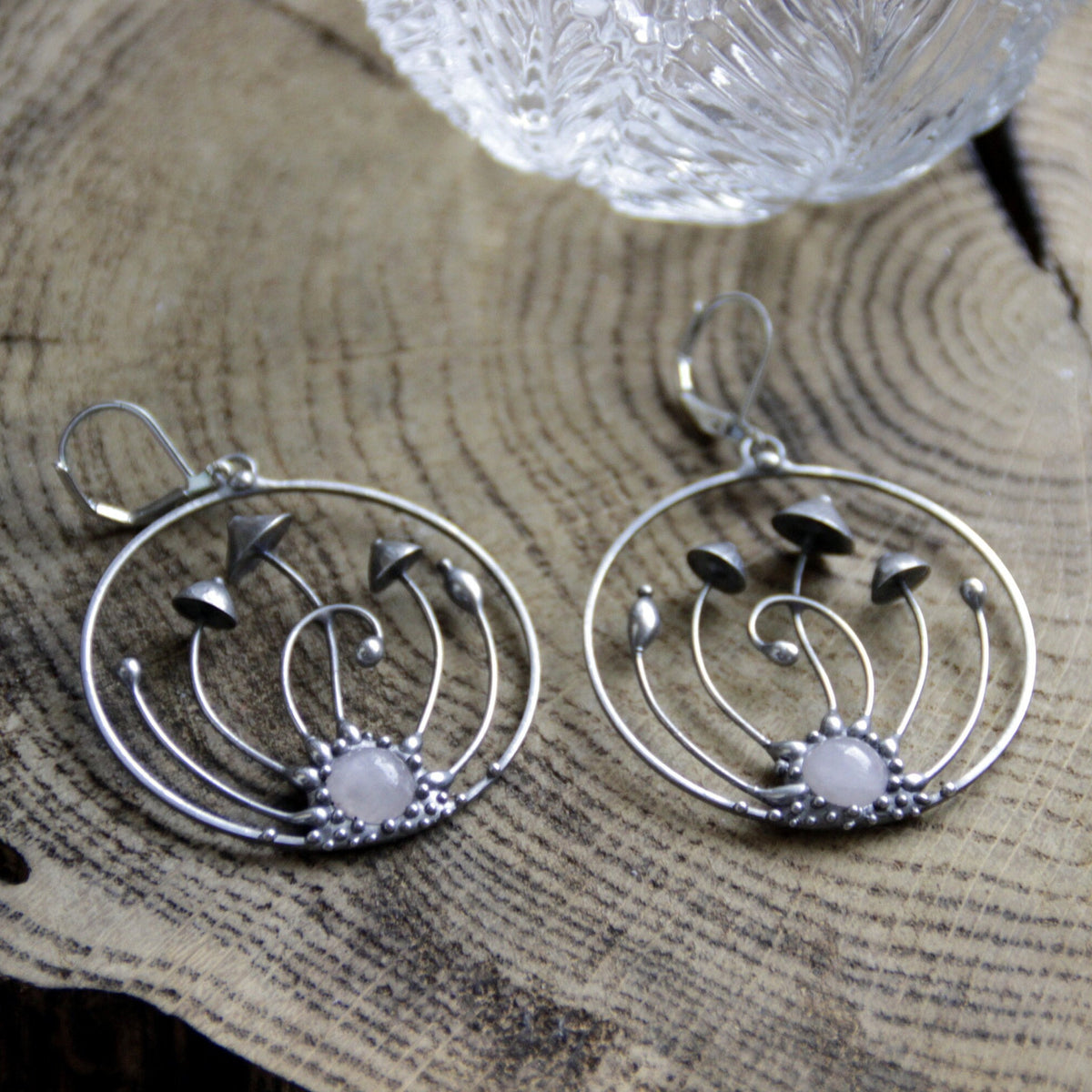 Pink Quartz Mushroom Hoop Earrings – Silver Tone