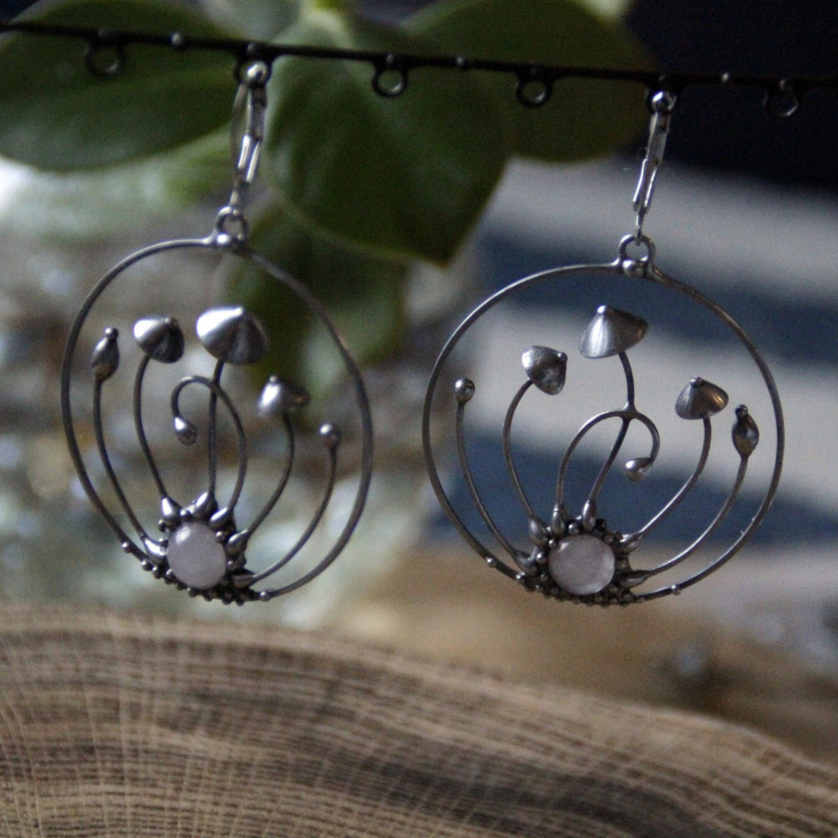 Pink Quartz Mushroom Hoop Earrings – Silver Tone