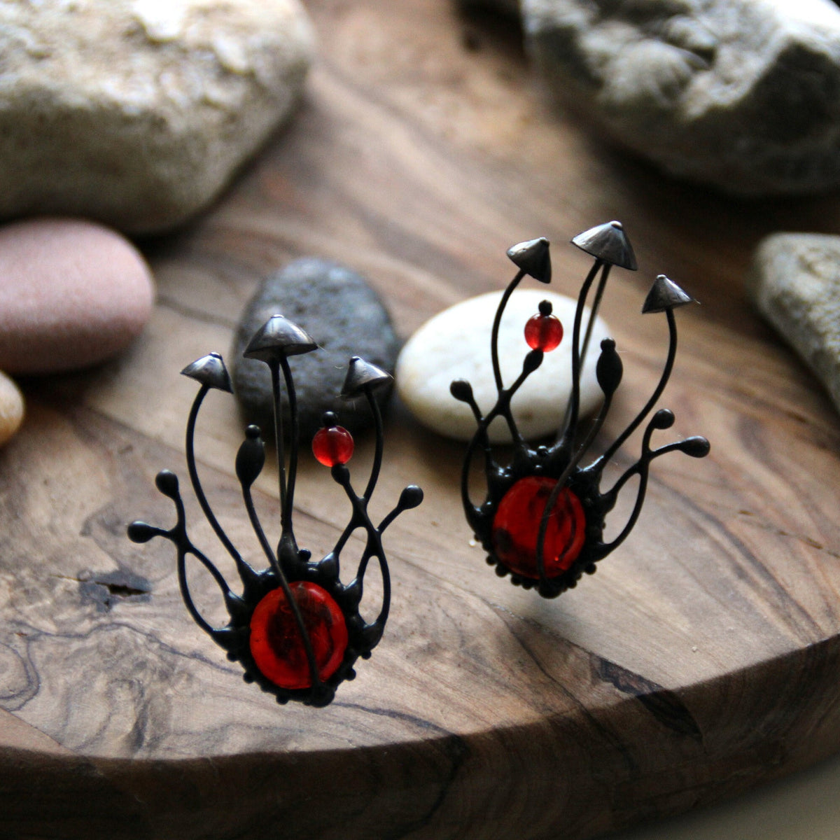 Red Stained Glass Mushroom Brooch – Blackened Copper