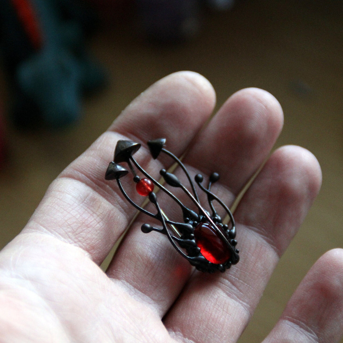 Red Stained Glass Mushroom Brooch – Blackened Copper