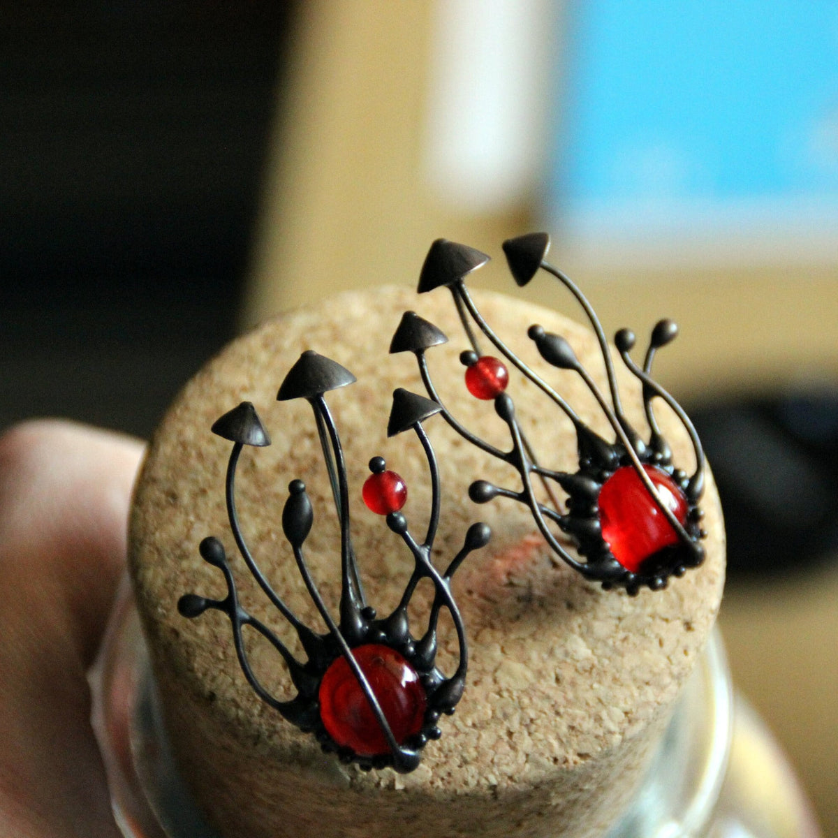 Red Stained Glass Mushroom Brooch – Blackened Copper