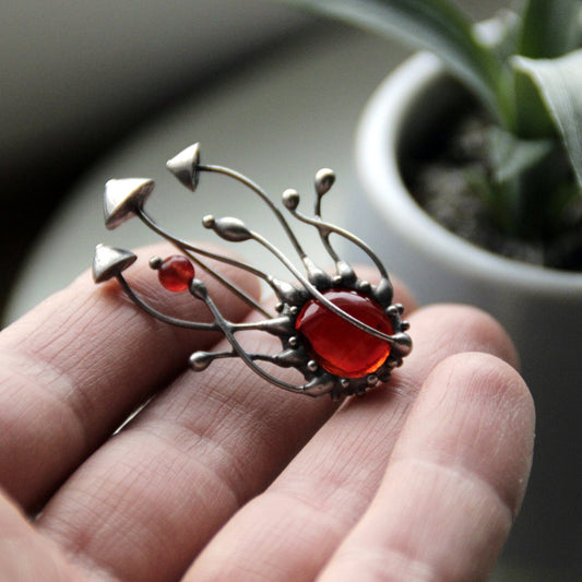 Red Stained Glass Mushroom Brooch – Silver Tone
