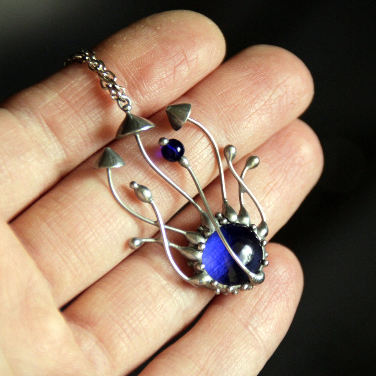 Blue Stained Glass Mushroom Cluster Necklace – Silver Tone