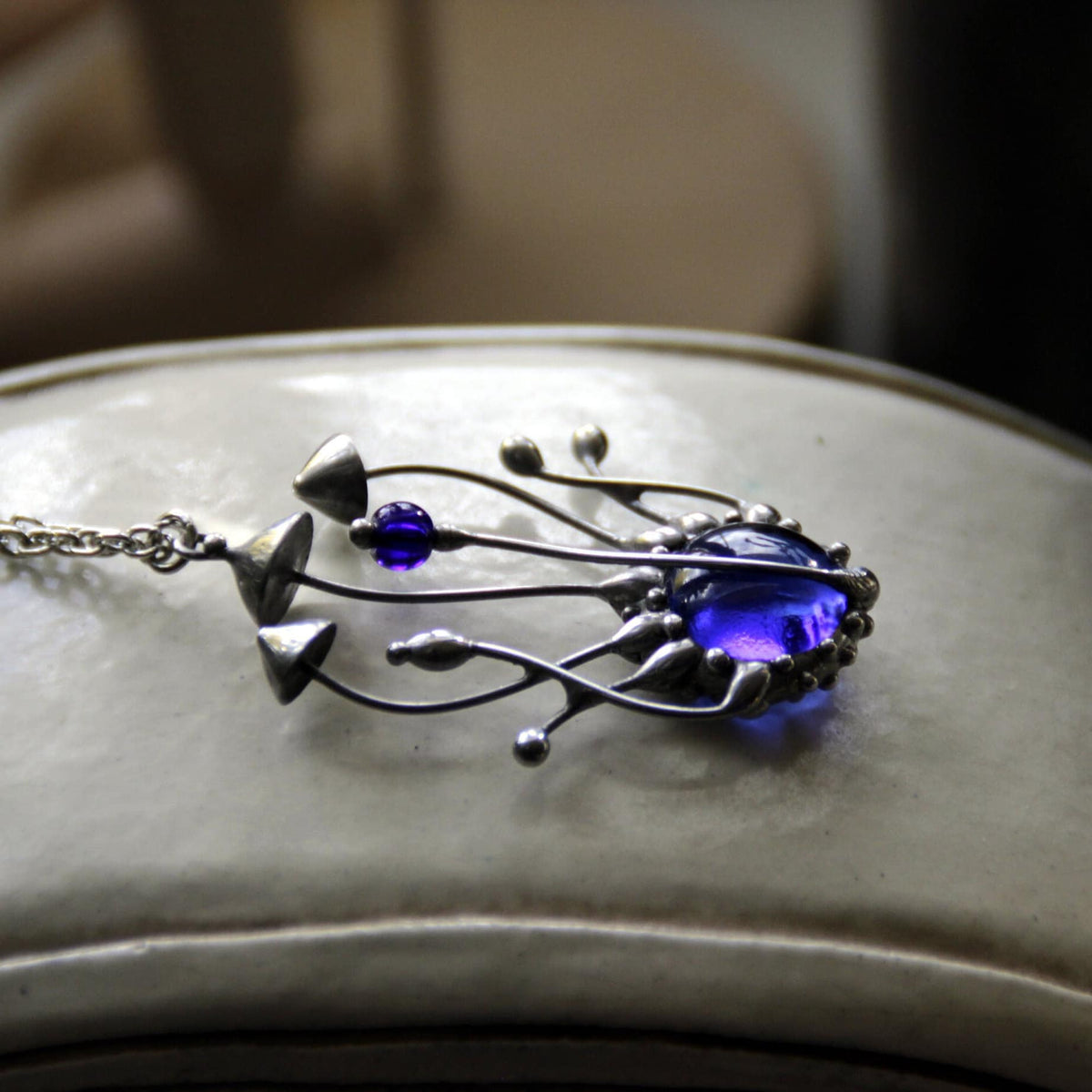 Blue Stained Glass Mushroom Cluster Necklace – Silver Tone