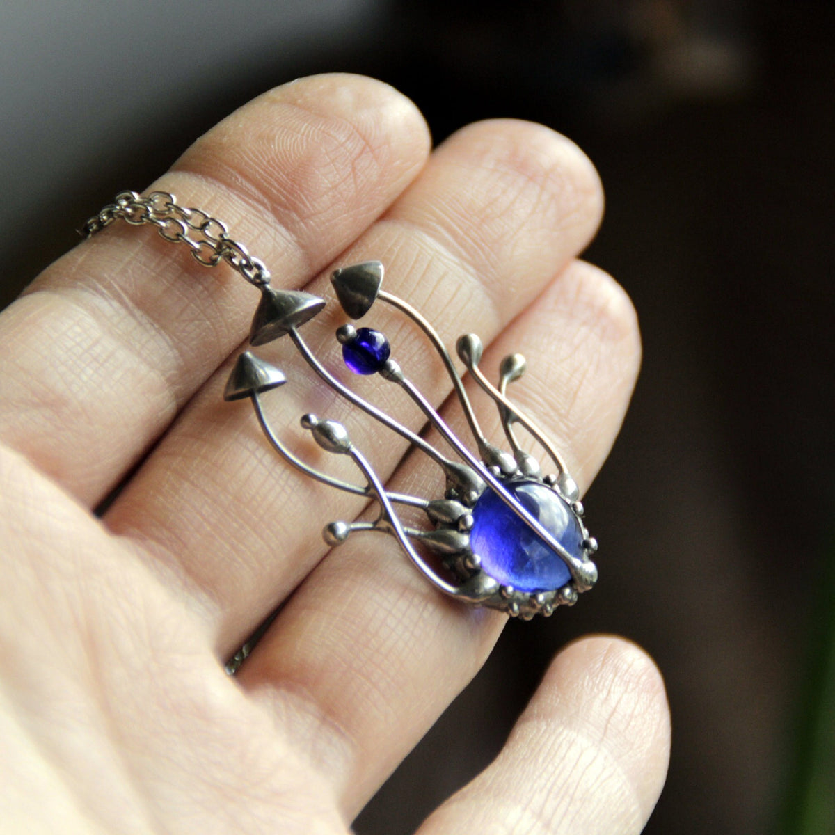 Blue Stained Glass Mushroom Cluster Necklace – Silver Tone