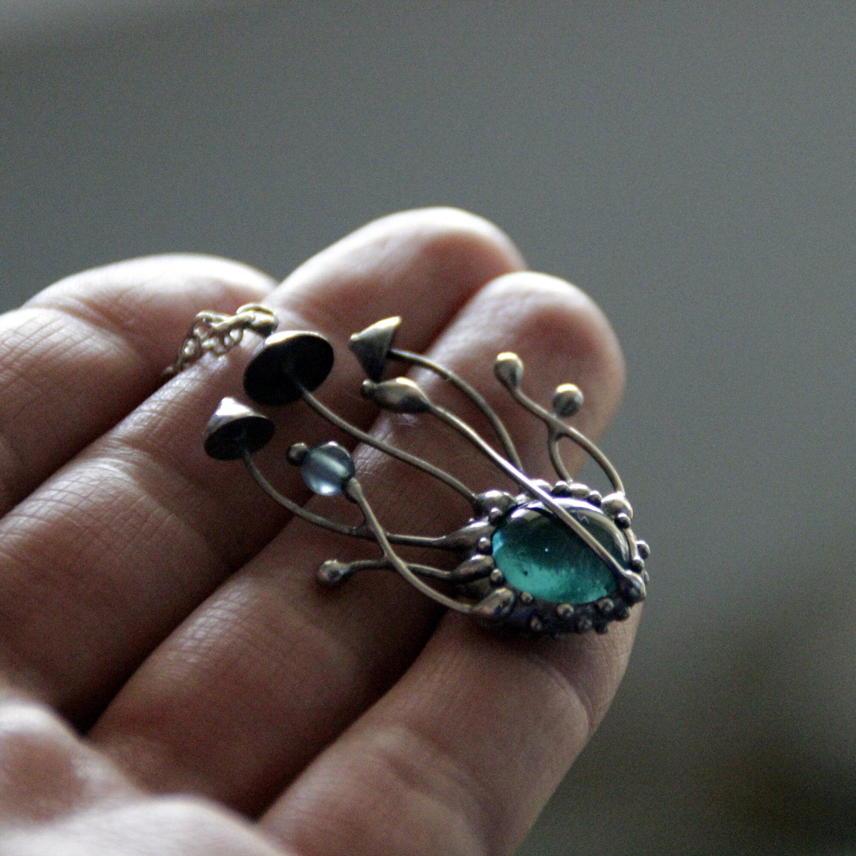 Blue Glass Mushroom Cluster Necklace – Silver Tone