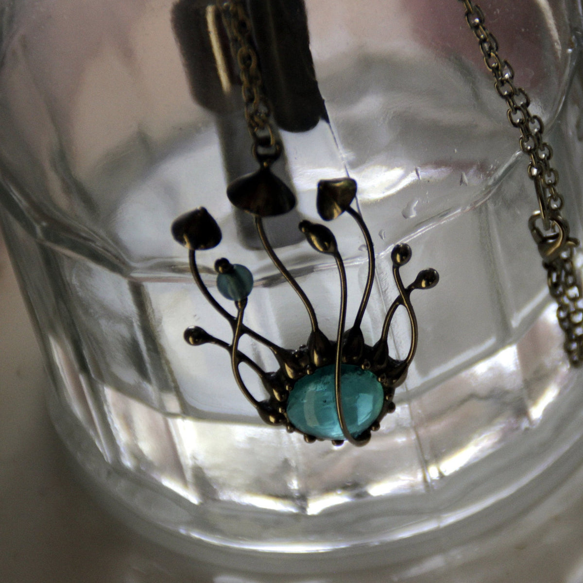 Blue Glass Mushroom Cluster Necklace – Silver Tone