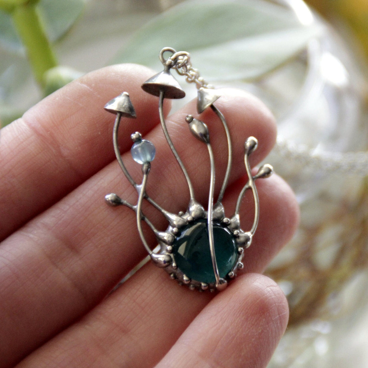 Blue Glass Mushroom Cluster Necklace – Silver Tone