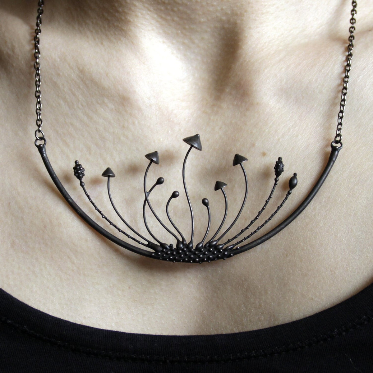 Black Mushroom Cluster Statement Necklace – Blackened Copper