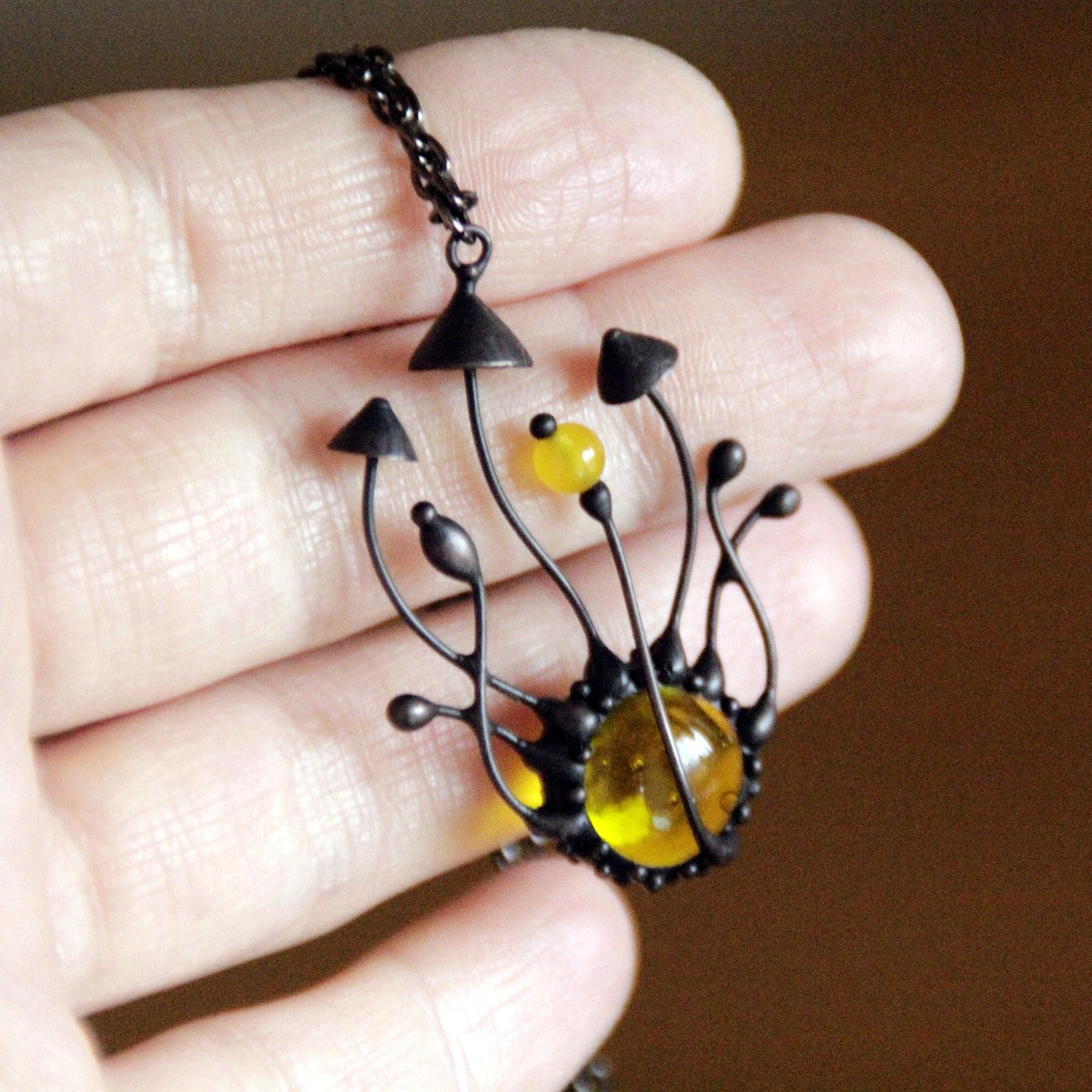 Yellow Glass Mushroom Cluster Necklace – Blackened Copper