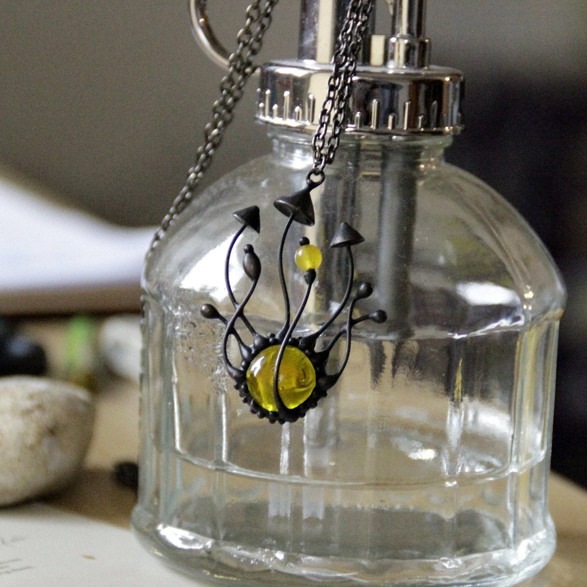 Yellow Glass Mushroom Cluster Necklace – Blackened Copper