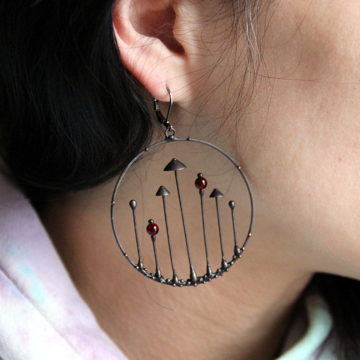 Red Glass Mushroom Hoop Earrings – Blackened Copper & Pewter Forest