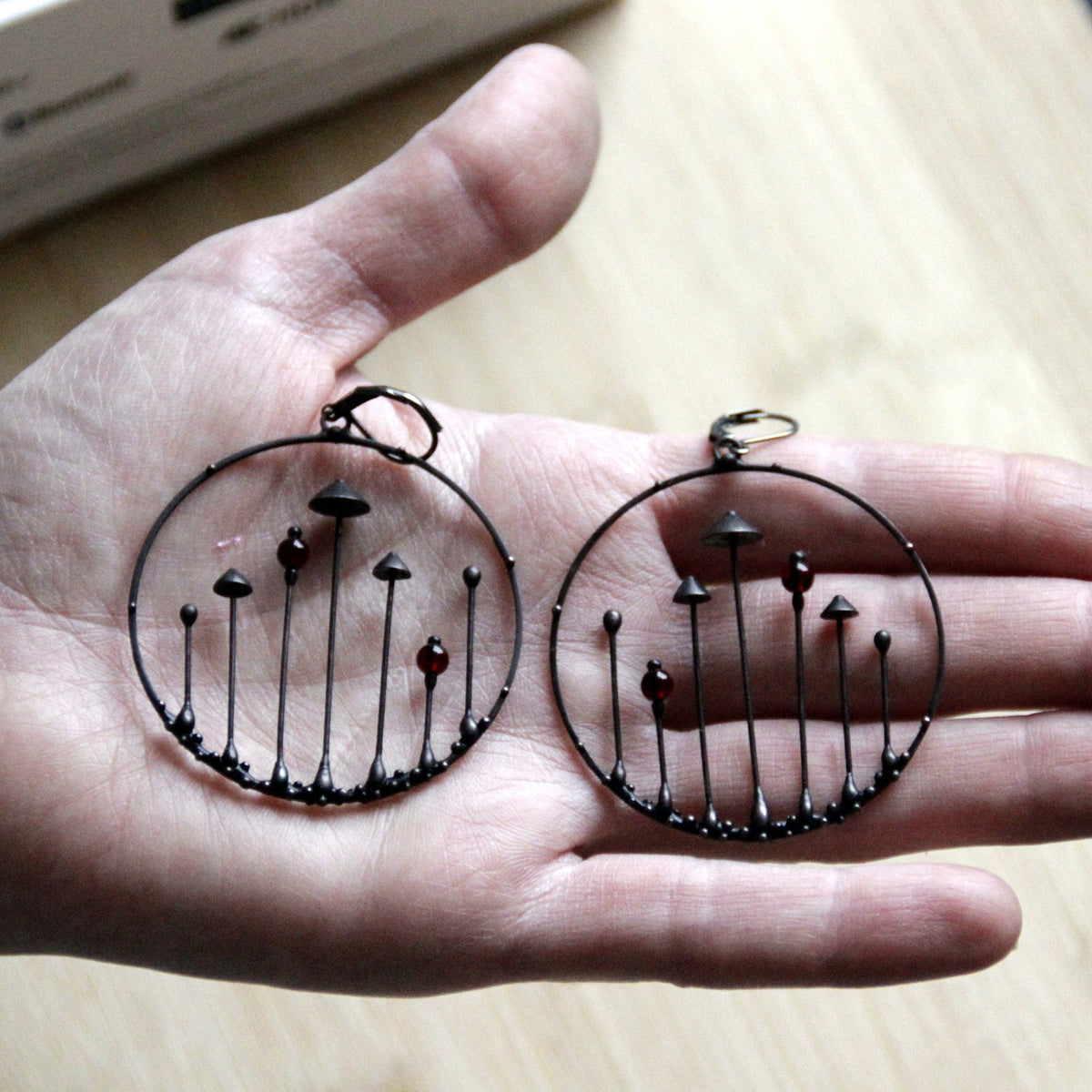 Red Glass Mushroom Hoop Earrings – Blackened Copper & Pewter Forest