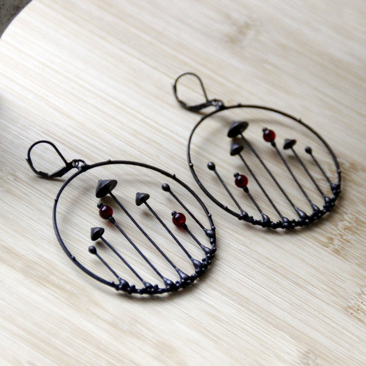 Red Glass Mushroom Hoop Earrings – Blackened Copper & Pewter Forest