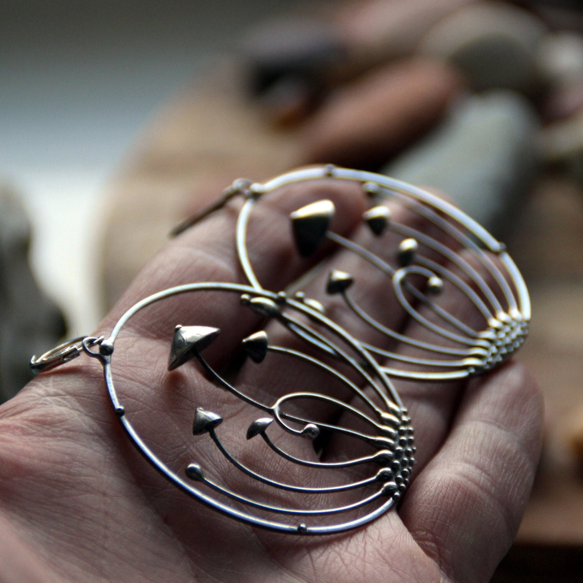 Silver Tone Mushroom Hoop Earrings