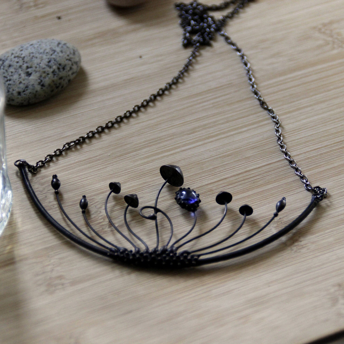 Blue Stained Glass Mushroom Statement Necklace – Blackened Copper
