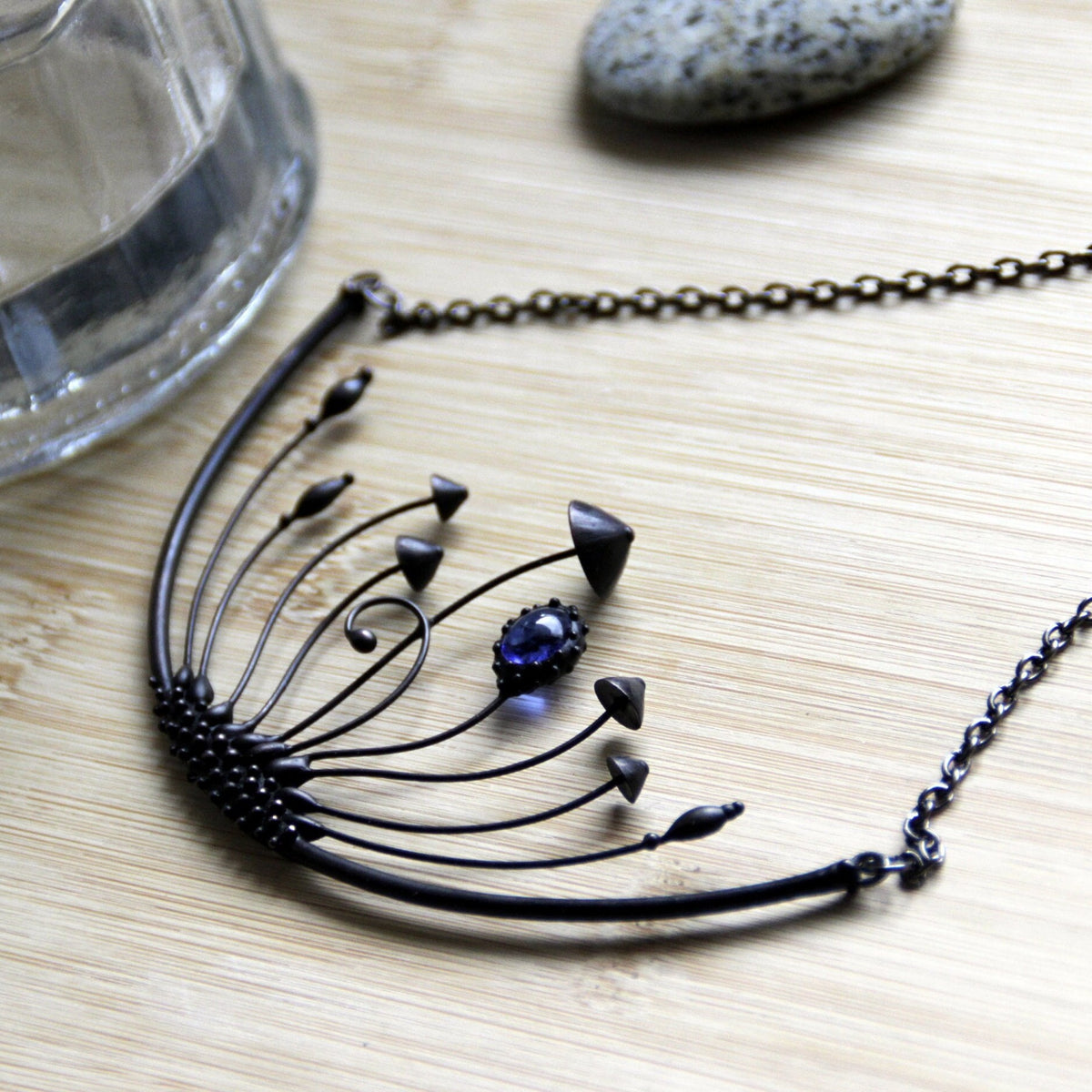 Blue Stained Glass Mushroom Statement Necklace – Blackened Copper