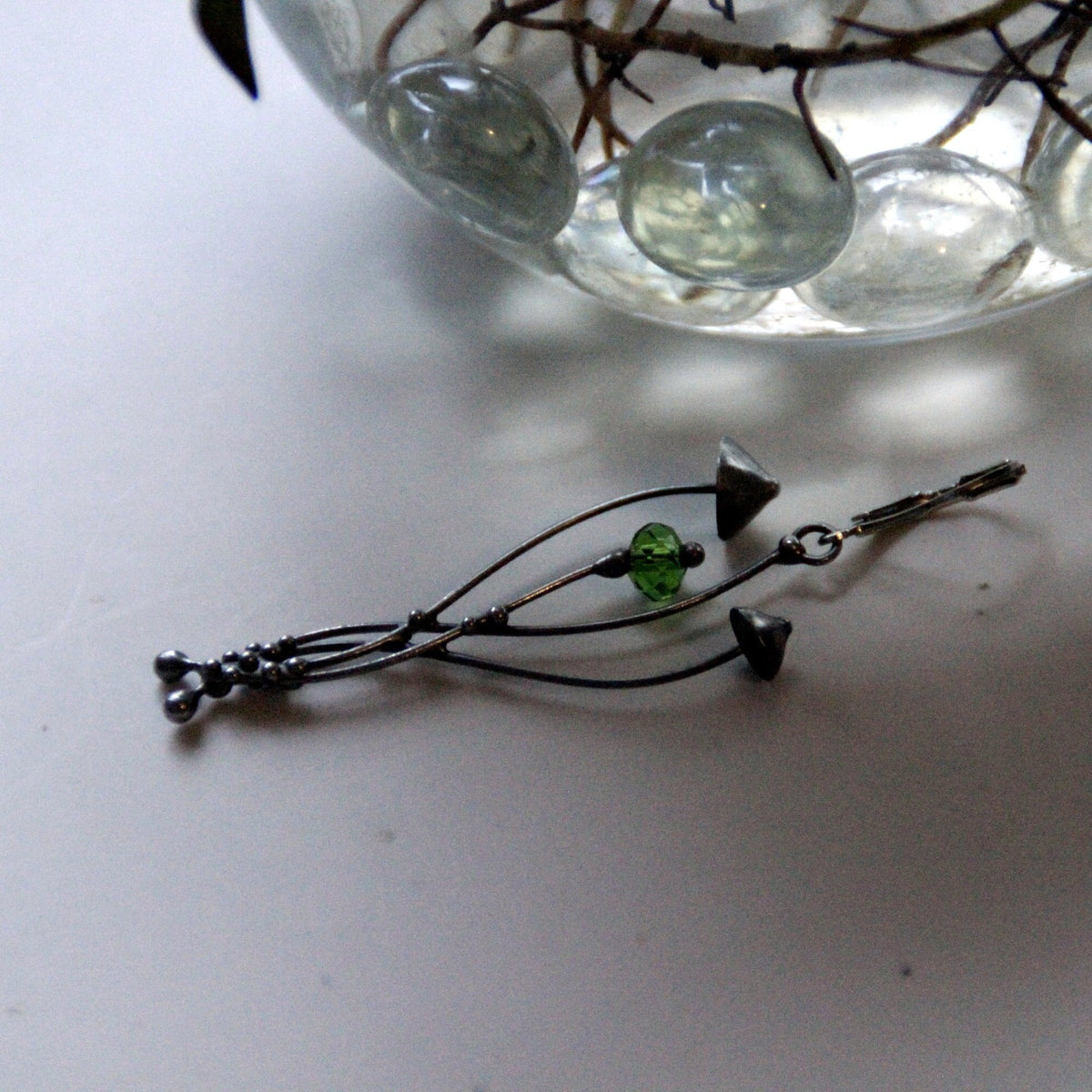 Green Glass Mushroom Single Earring – Silver Tone