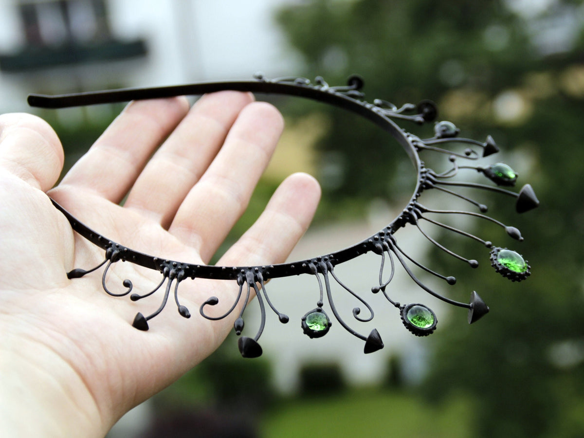 Black Mushroom Crown with Green Glass