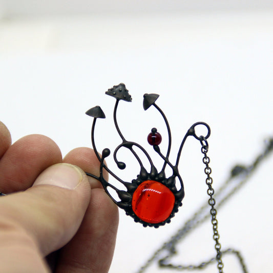 Red Glass Amanita Mushroom Cluster Necklace – Blackened Copper