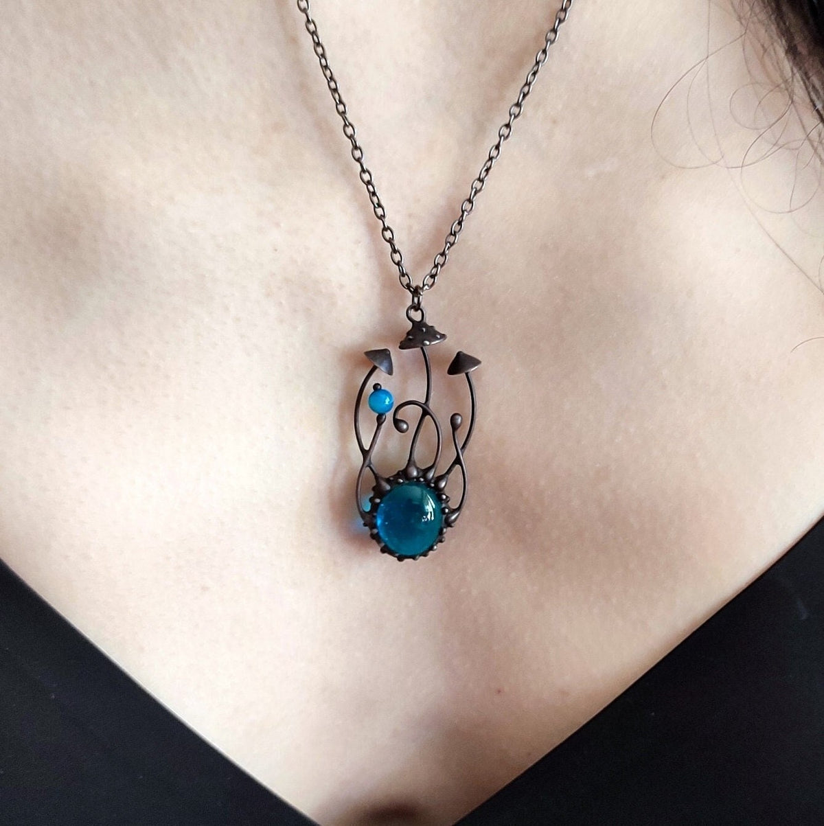 Blue Glass Amanita Mushroom Necklace – Blackened Copper & Pewter Forest Pendant